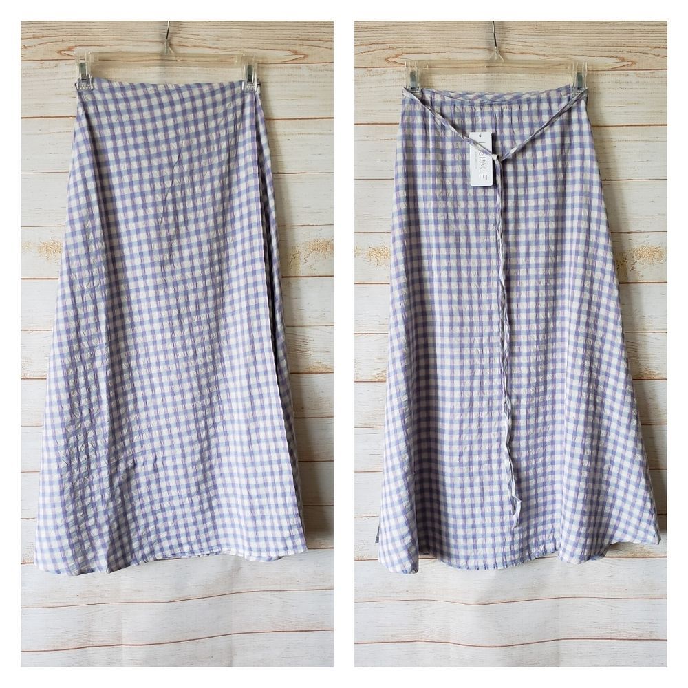 L*Space Anza Gingham Wrap A-Line Midi Skirt Women's Size Small Purple White Blue